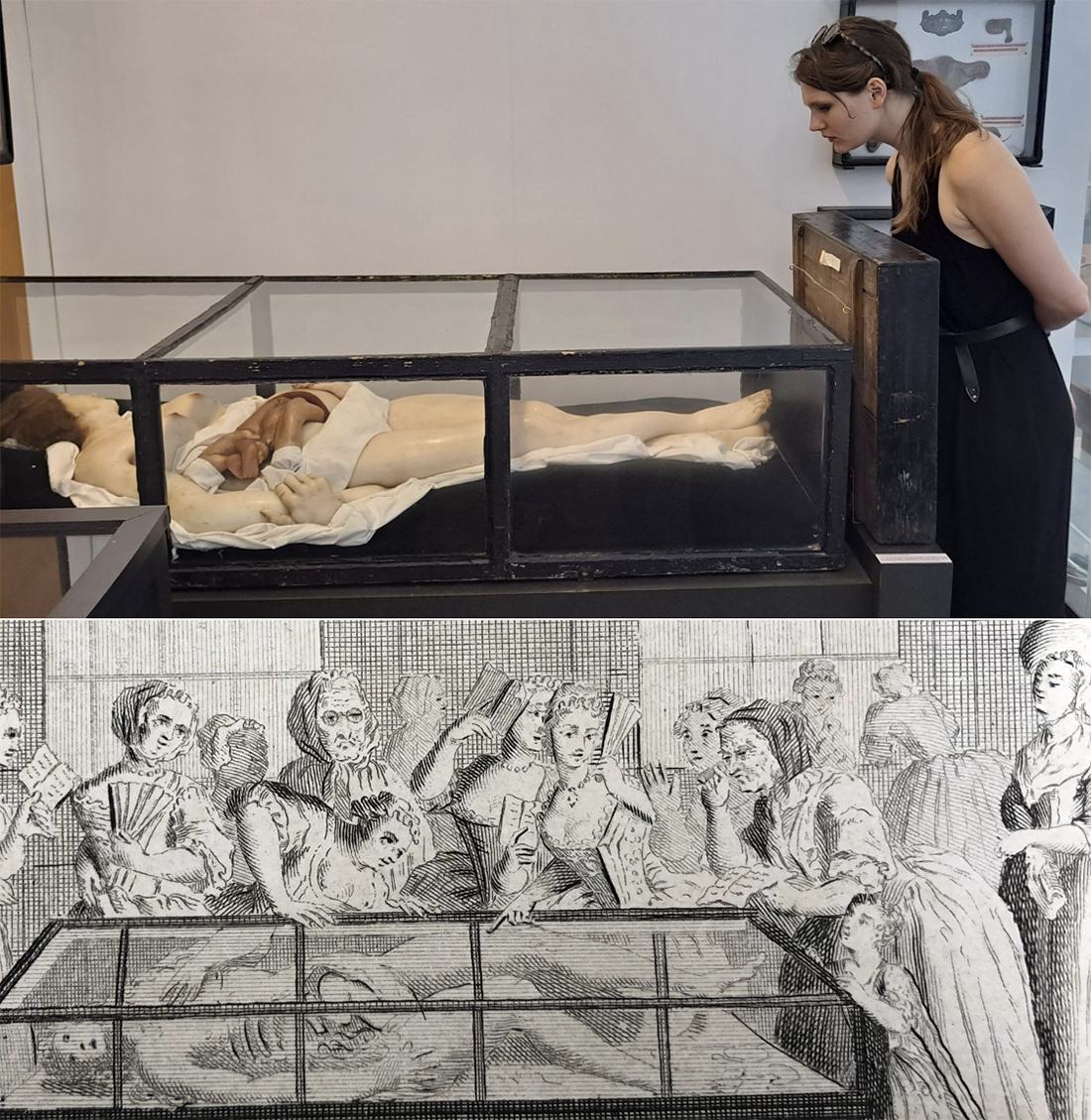 Zoe Copeman looking at display of anatomical model of a woman in a  pose that echoes that of a woman in a 19th-century print looking at a similar model with other women
